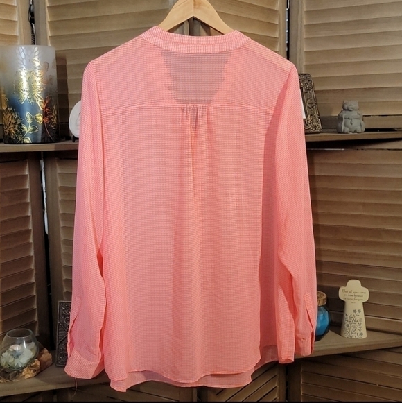 A.N.A Petite Medium PM Sheer Blouse Coral White Hearts Henley Roll Tab Sleeve - Picture 2 of 8